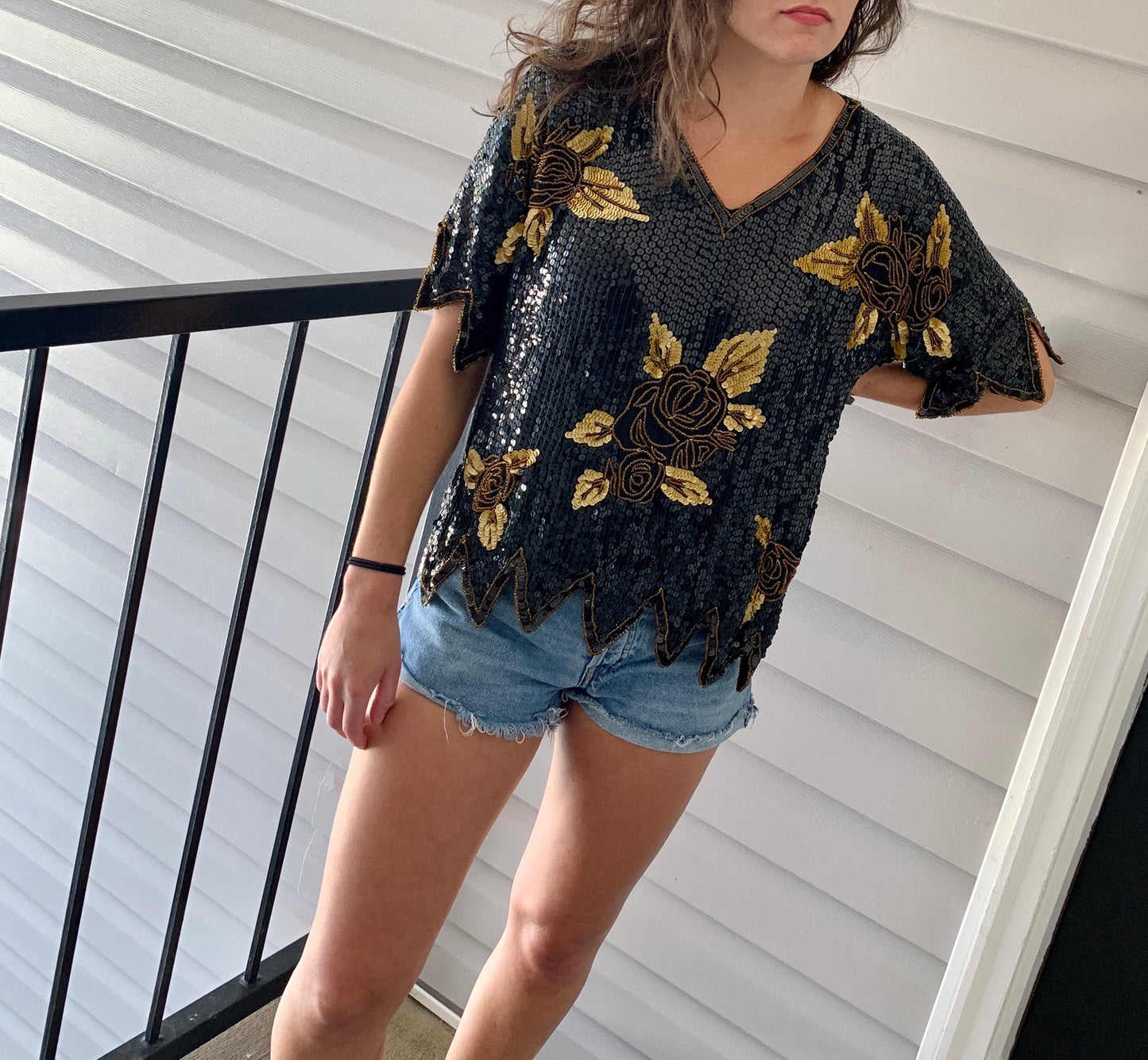 Vintage Black &Gold Sequin Silk Top