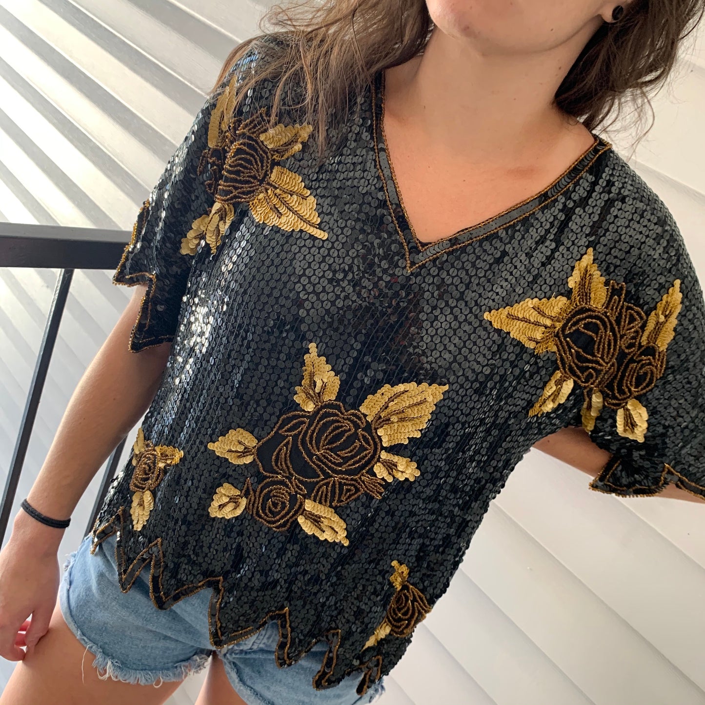 Vintage Black &Gold Sequin Silk Top