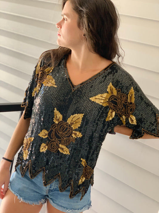 Vintage Black &Gold Sequin Silk Top