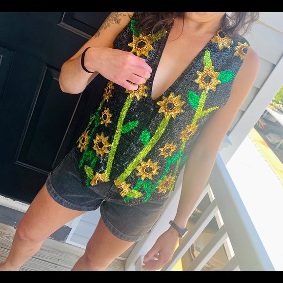 Vintage sequined Sunflower boho hippie vest