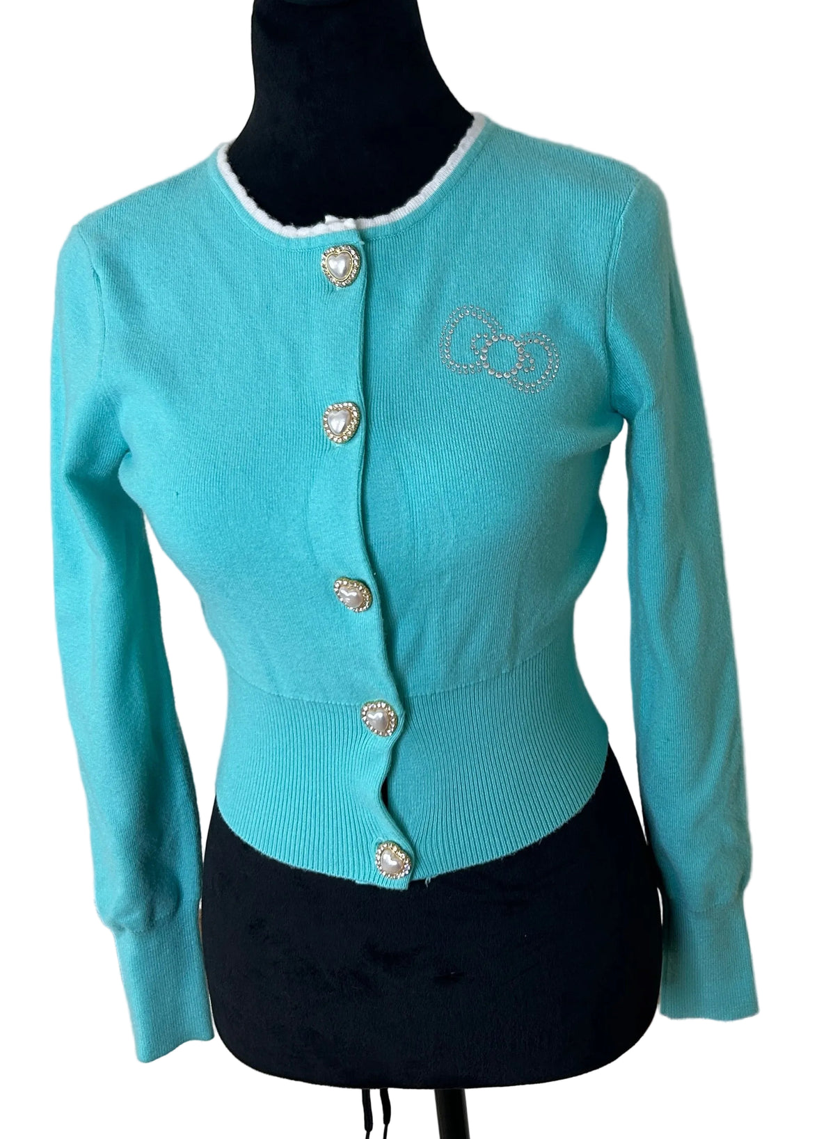 Forever 21 Hello Kitty Cropped Cardigan Sz S Teal Knit 50th Anniversary