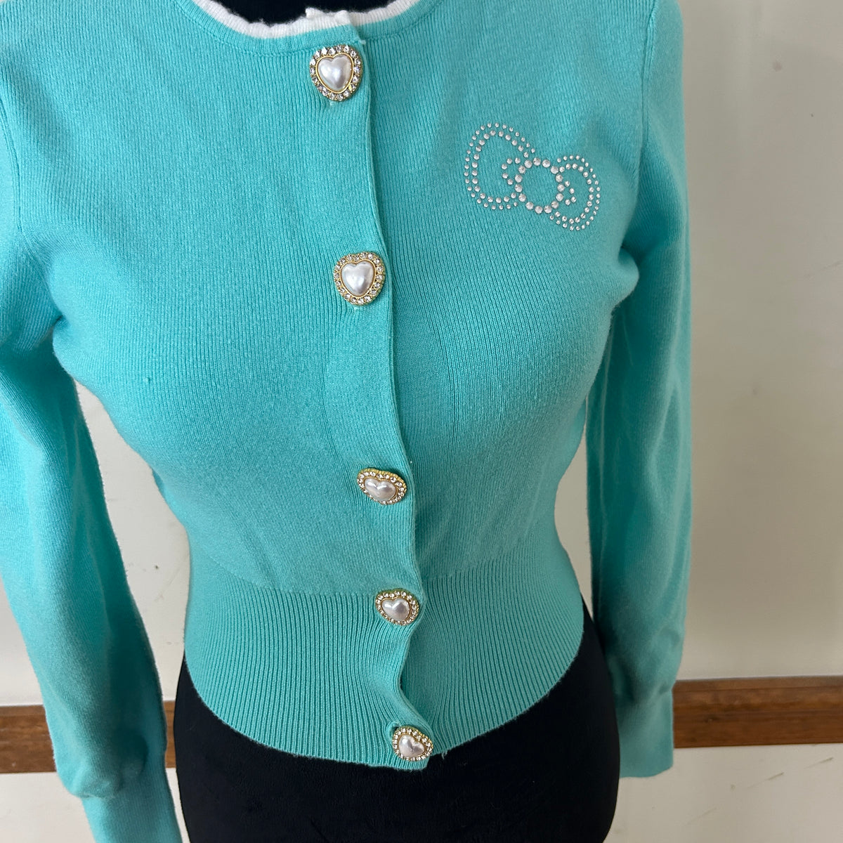 Forever 21 Hello Kitty Cropped Cardigan Sz S Teal Knit 50th Anniversary