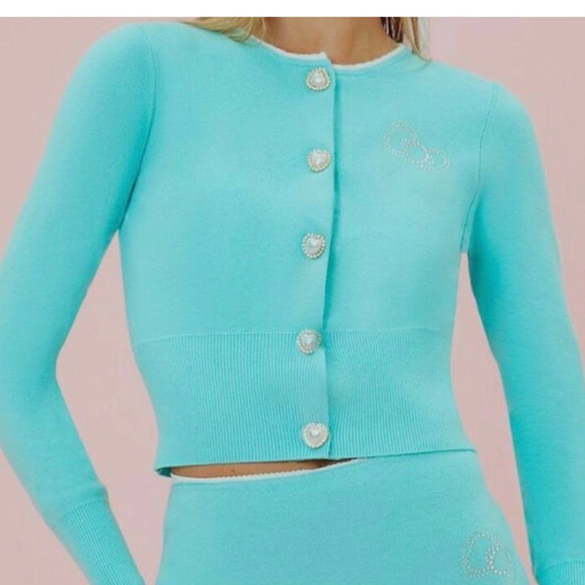 Forever 21 Hello Kitty Cropped Cardigan Sz S Teal Knit 50th Anniversary
