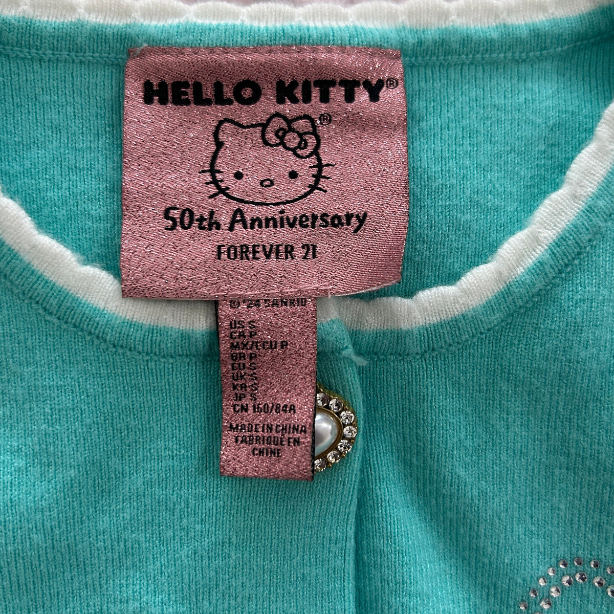 Forever 21 Hello Kitty Cropped Cardigan Sz S Teal Knit 50th Anniversary