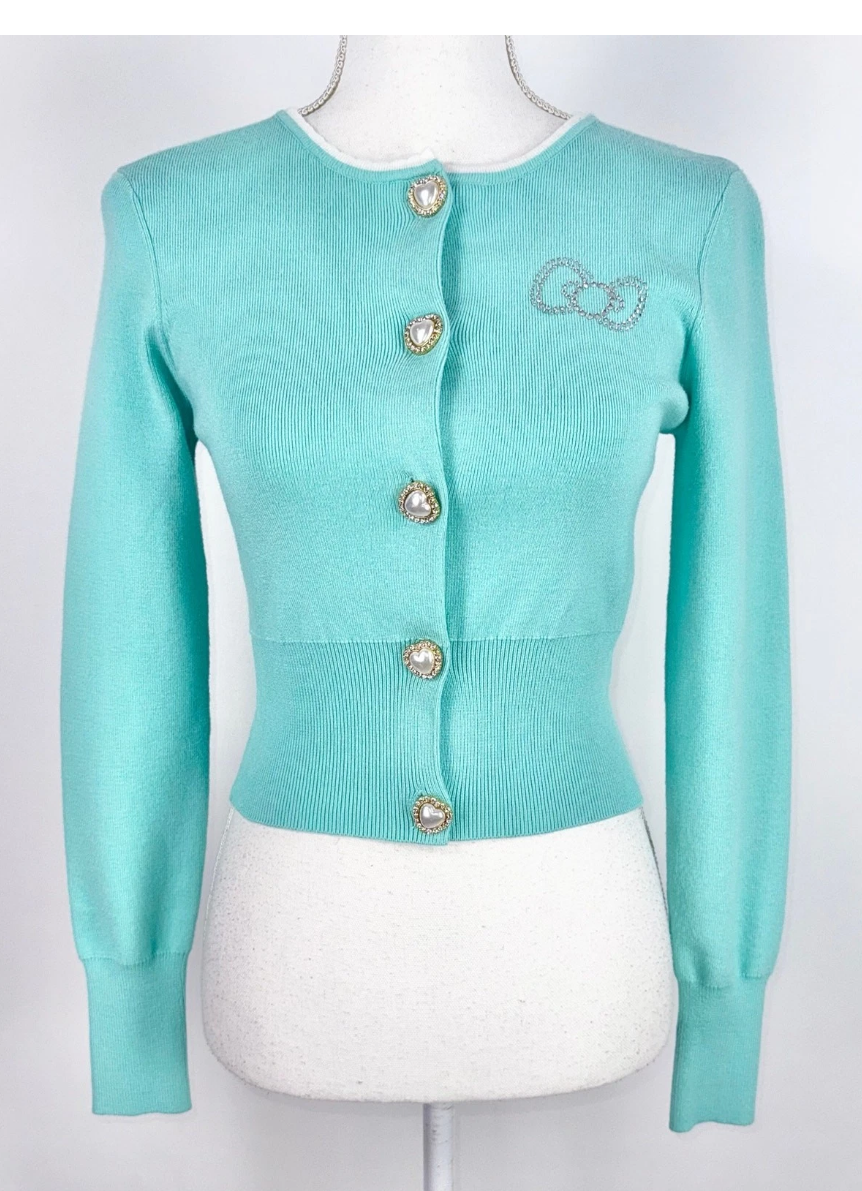 Forever 21 Hello Kitty Cropped Cardigan Sz S Teal Knit 50th Anniversary