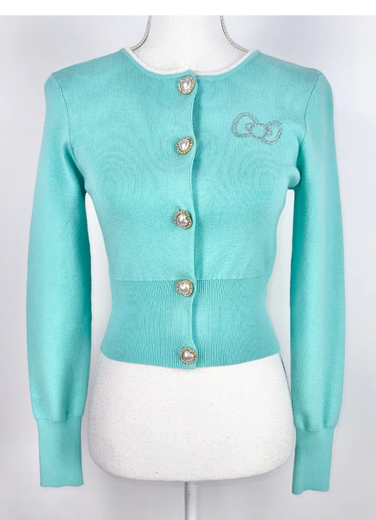 Forever 21 Hello Kitty Cropped Cardigan Sz S Teal Knit 50th Anniversary