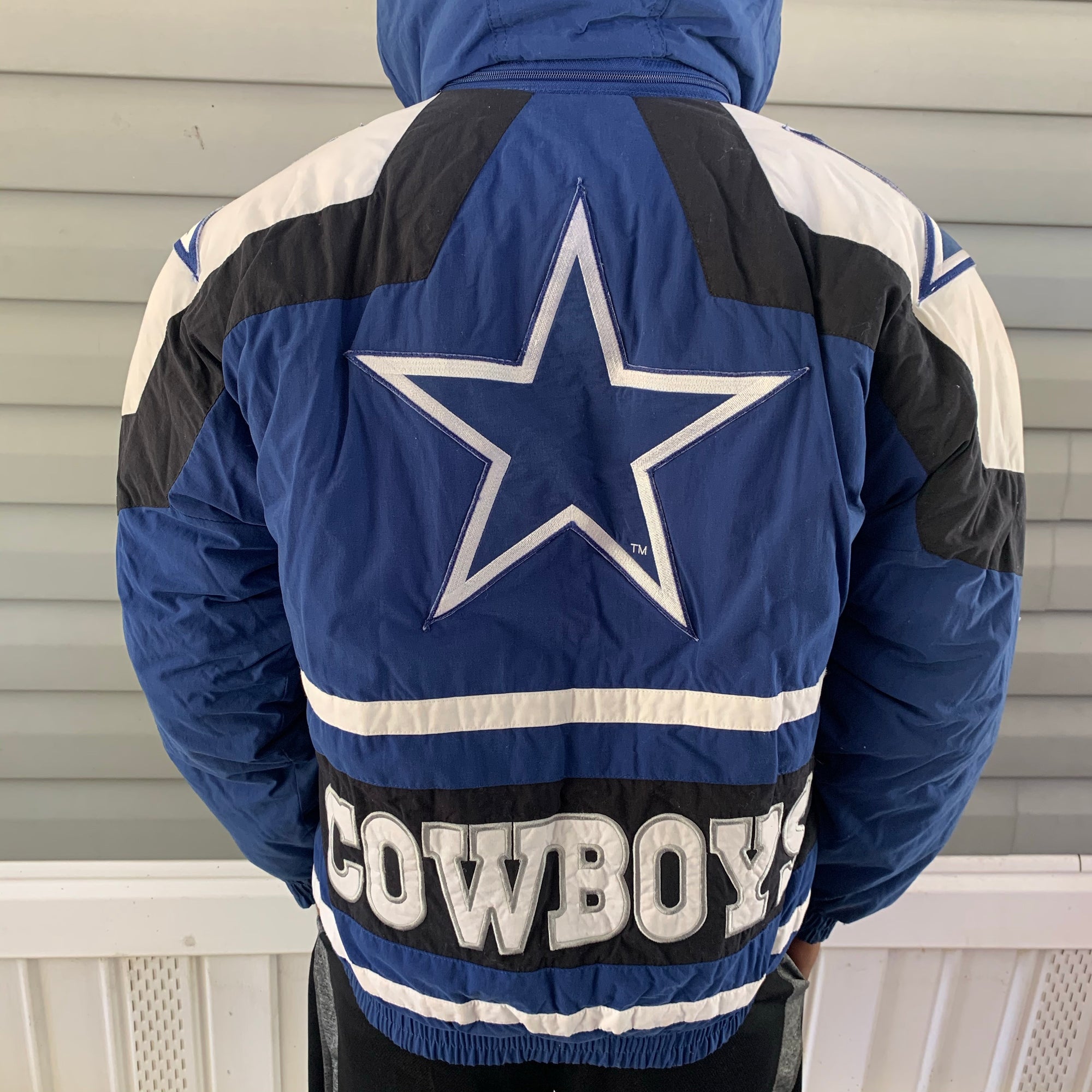 Rare Vintage STARTER Dallas Cowboys Big Star Logo Puffer Parka Jacket 90s  Blue L